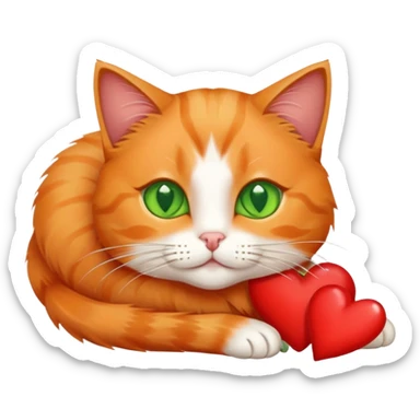 Cat orange fur green eyes purring on hearts  sticker