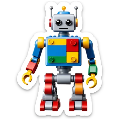 A big photorealistic icon featuring a detailed robot figure built from LEGO bricks, with intricate parts and colorful pieces. The design includes the LEGO logo subtly visible, with a focus on the craftsmanship and creativity of the build. Transparent background. sticker