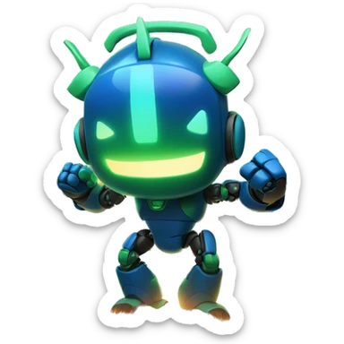 a blue and green robot with bunny ears has a fist in the air, in front of a large fire / flame explosion in the dark
 sticker