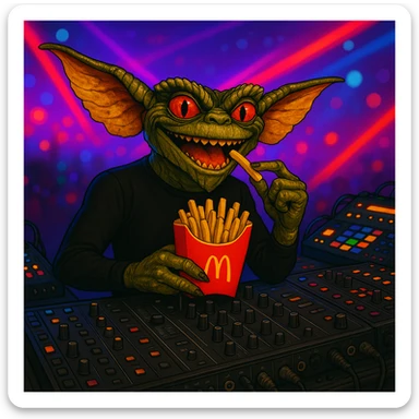 Change the gremlin's see-through mesh top to black, keep the techno party and McDonald's fries theme. sticker
