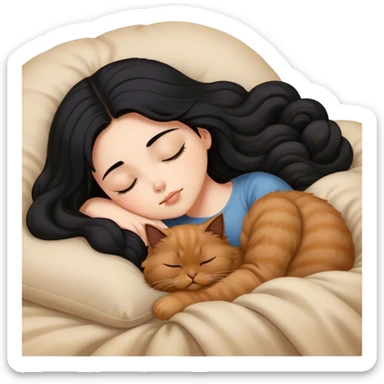 A pretty white girl with very long black hair and sleeping curled up to a brown Persian cat  sticker