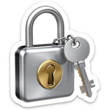 A chrome silver lock and key emoji, smooth metallic surfaces, glossy reflections, luxury swag vibe, minimal iOS emoji style, centered on clean white background sticker
