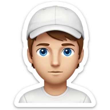 Tennis player with - Brown hair, blue eyes, little stubble(but like shaved), with cap on the head, wearing white t-shirt and white shirts sticker