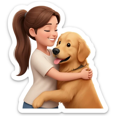 woman using ponytail brownhair is hugging a golden retriever dog sticker