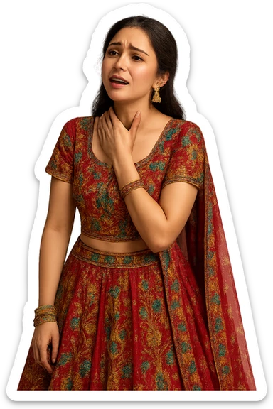 A girl in lehenga choli, holding her neck, detailed embroidery, expressive face, no background sticker