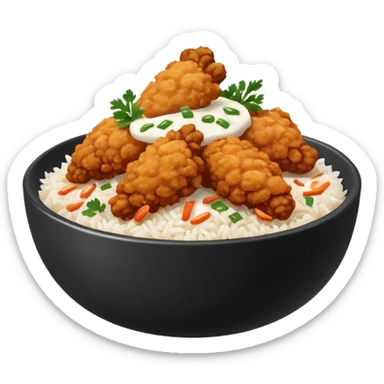 iOS-style food emoji, flat design: round bowl with white rice base, topped with crispy fried chicken pieces, fried onion bits, sweet-and-sour sauce and white sauce zigzag drizzles, finished with parsley flakes, clean shapes, transparent background. sticker