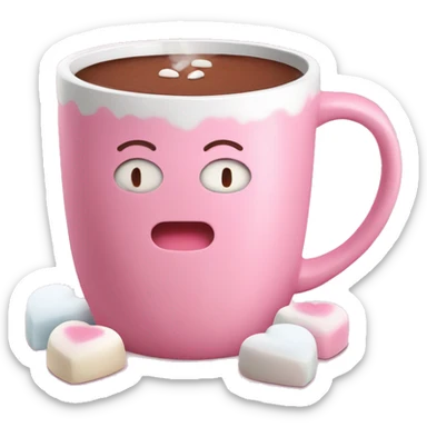 Pink mug filled with hot chocolate topped with heart shaped marshmellows sticker