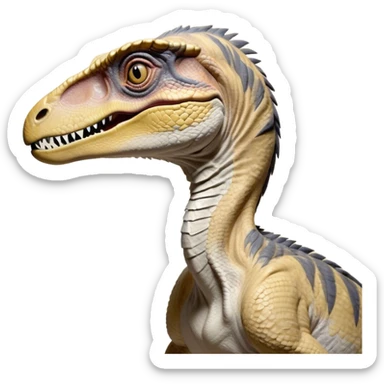 Beautiful and Majestic jurassic park Velociraptor Portrait Emoji, Head and body rendered in serene repose with a subtle, confident smile, showcasing a lithe, agile form with a refined, noble snout and eyes softly closed in tranquil contemplation, Simplified yet exquisitely endearing features, highly detailed, glowing with a soft, drowsy prehistoric light, high shine, relaxed and utterly majestic, stylized with an air of timeless dinosaur elegance, soft glowing outline, capturing the essence of a beautiful and majestic jurassic park Velociraptor that embodies the legendary spirit of jurassic park Park dynamics! sticker