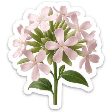 Create 3D iOS-style realistic soapwort (Saponaria) flowers with delicate pale pink petals, green stems and leaves, soft lighting, and a glossy effect. The image should have no background. Render in the style of GPT Image to capture the realistic and detailed look. sticker