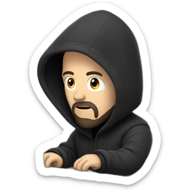 bald white man with a black beard typing on apple computer wearing a black hoodie sticker