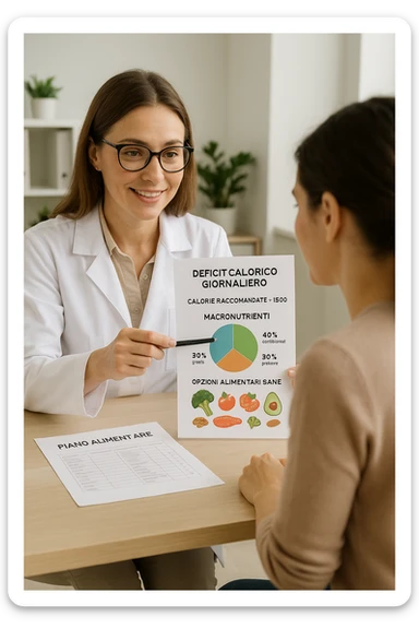 a nutritionist sits at a desk with a client, showing a personalized meal plan and a chart that clearly displays the client’s specific daily caloric deficit. The nutritionist points to the chart, which includes recommended calories, macronutrient breakdown, and healthy food options. The mood is professional, supportive, and educational. scritte in italiano sticker