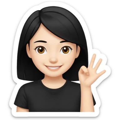 a pretty bratz fair girl with straight black hair, wearing a black tshirt, smiling sticker