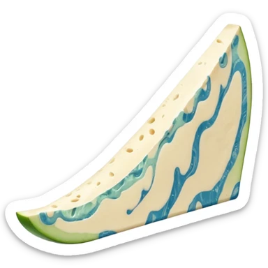 thick wedge of gorgonzola, creamy off-white with blue-green marbling, moist and slightly oozing at edges, natural beige rind, soft texture, bold tangy look, apple emoji style, soft lighting, subtle shadows, transparent background, emoji scale sticker