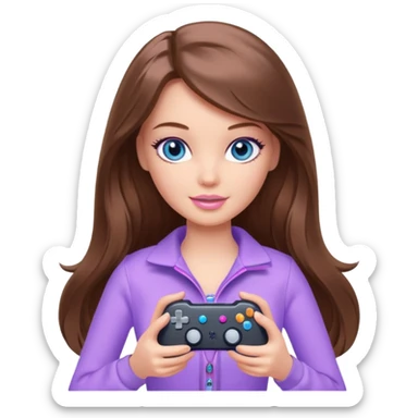 beautiful barbie girl with long brown hair, blue eyes and wearing light purple clothes playing console games with controller sticker