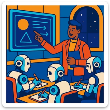 A futuristic classroom scene with a human teacher pointing at a holographic blackboard while androids take notes sticker