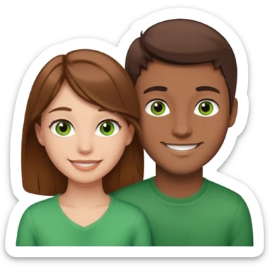 A boyfriend with light brown hair and green eyes next to his girlfriend with dark brown hair and dark brown eyes both are white sticker