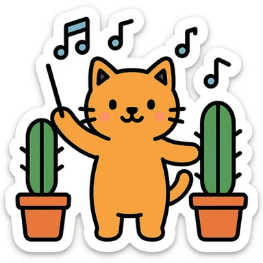cat orchestrating with two cactae colored icon sticker