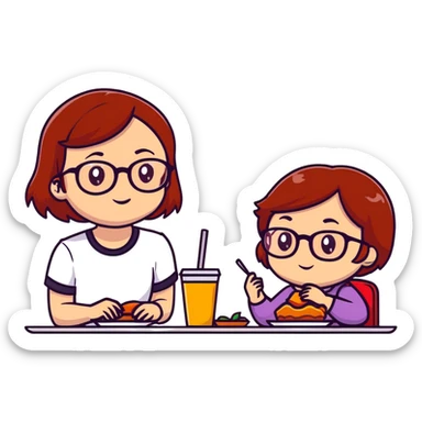 Brünettes Mädchen hellhäutig braune Augen, sitzend am Tisch mit Mama Rote kurze Haare und Brille und braune Augen am Essen  sticker