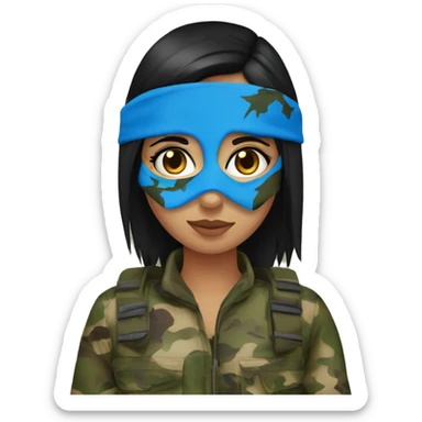 girl black straight hair blue eyes wearing camo hunting mask sticker