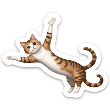 brown tabby and white cat with doing a big extremely long stretch reaching up into the air with arms and legs side by side together straight and overextended whilst lying on its side sticker
