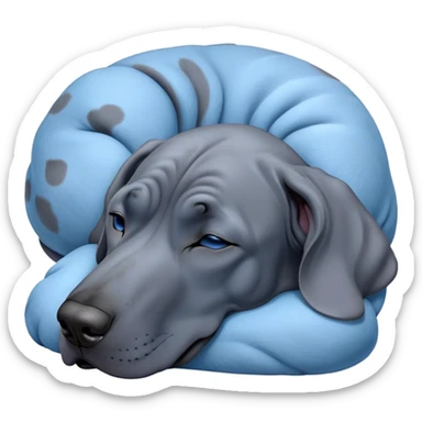 Meme-Worthy Cute Sleeping Blue Great Dane Portrait Emoji, Head resting peacefully with a contented smile, showcasing a delightfully massive build and a luxuriously soft blue Fur, eyes shut in a serene nap, Simplified yet hilariously adorable features, highly detailed, glowing with a soft, drowsy light, high shine, relaxed and utterly lovable, stylized with an air of playful laziness, bright and heartwarming, soft glowing outline, capturing the essence of a comically sleepy guardian, so meme-worthy it feels like it could instantly become the next viral sensation of adorable slumber! sticker
