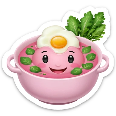 pink soup with egg and greens inside, boiled potatoes by its side, smiling face with blushing cheeks emoticon sticker