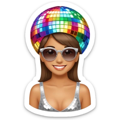 a smiling girl in sunglasses, disco ball on her head sticker