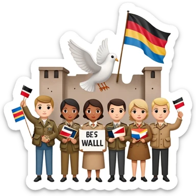 people holding protest signs with the Berlin Wall in the background, peace dove, East and West Germany flags, 1950s and 60s sticker