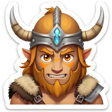 Clash of Clans aesthetic: Cinematic Fierce Barbarian Portrait Emoji, Poised and bold with a rugged yet cartoonish build in tattered furs and a horned helmet, his exposed skin a rich tan, expressive bright eyes and a confident smirk, Simplified yet dynamic features, highly detailed, glowing with a vivid, adventurous aura, high shine, heroic and spirited, stylized with an air of medieval warrior charm, focused and energetic, soft glowing outline, capturing the essence of a fearless barbarian adventurer ready to lead his clan with spirited valor! sticker