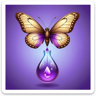 Small brown bottle floating with dim light, with a purple drop suspended in the air, slowly spinning in front of a luminous butterfly representing the thyroid sticker