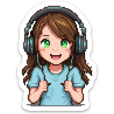 brown-haired gamer girl, excited expression, headphones, head only, emote sticker