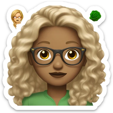 A girl with green eyes, dark blonde Long Hair, round Rosegold glasses, Long lashes, light skintone,  sticker