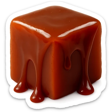 realistic cube-shaped caramel toffee piece, glossy, slightly darker caramel, with drops of caramel dripping off, no face, no cartoon or drawn style sticker
