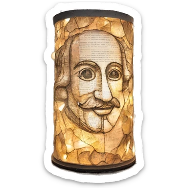 Glowing Shakespeare made of newspaper and bokeh fairy lights lanterns stained glass, fairy lights, bokeh, annotated sketch, handwritten letters, collage of intricate patterns, lantern, bokeh sticker