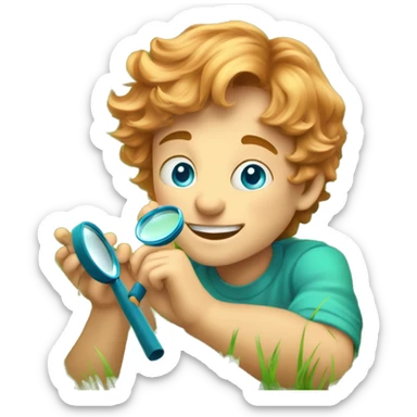 Little boy with blue/turquoise eyes, no glasses, and strawberryblonde wavy hair crouching down low in a lot of green grass. He is holding a magnifying glass, closely examining nature and looking happy/curious sticker