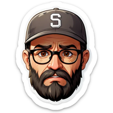 A man with a grey baseball cap, hazel eyes, big dark brown beard and glasses, crying sticker
