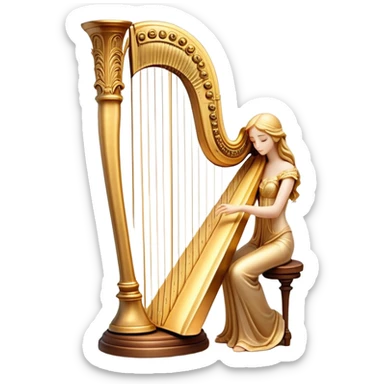 Cinematic Realistic Harp, a grand golden harp with intricately carved details, delicate strings shimmering under soft candlelight, rich wood tones adding warmth, a musician’s gentle fingers plucking a note, glowing with an ethereal and majestic aura. sticker