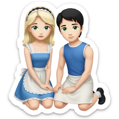 Prince, standing, black hair, blue eyes, and maid, blonde Hair, green eyes, white short sleveless dress, kneeling  sticker