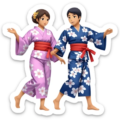 Cinematic Realistic scene of two performers engaging in Bon Odori, dressed in traditional yukata with intricate summer patterns, captured in graceful, rhythmic motion with warm, festive lighting sticker
