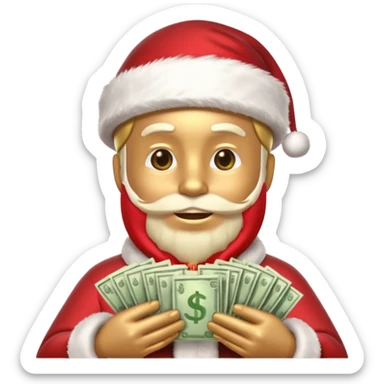 A confident rich emoji face wearing a Santa hat, money stacks, casino vibe, New Year theme, premium 3D emoji style, sharp details, no text, isolated on transparent background sticker
