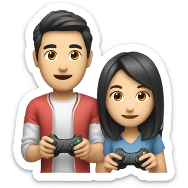 Cute asian couple playing video games sticker