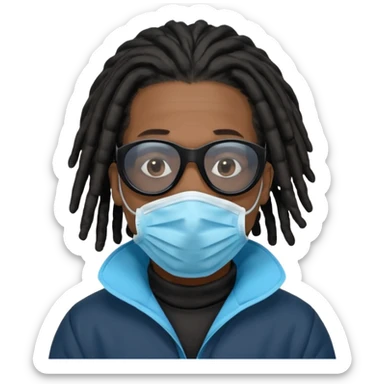 African American man with shoulder length black dreadlocks  wearing black sunglasses wearing a black bubble winter coat wearing a blue hospital mask covering mouth and nose sticker