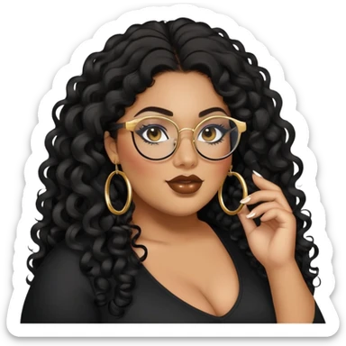 big plus size, latina, darker tan skin, gold hoops, long black curly hair, baddie,pretty, makeup, lipgloss, black eyeliner, long hair, black top, black glasses sticker