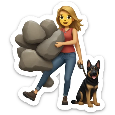Lindsay carrying 3 rocks walking with one german shepherd that has a big limb in its mouth  sticker