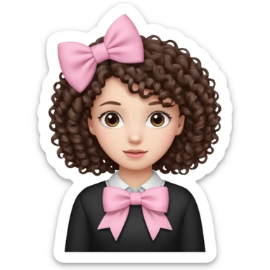 brunette curly hair girl with a light pink bow in her hair sticker