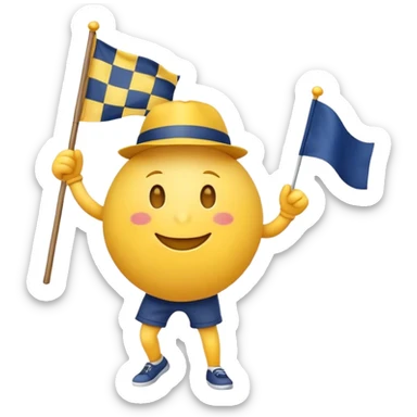 I want a yellow circle emoji (not a human emoji) holding a yellow and navy blue checkered flag in both hands, wearing a yellow and navy blue hat, dancing, and smiling. sticker