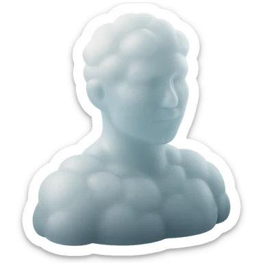 person looking straight, fully made of white fluffy convex clouds, shoulders up, matte glass style sticker
