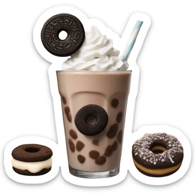 a chocolate oreo shake topped with a chocolate donut hole, chocolate marshmallow, and chocolate chip cookie sticker