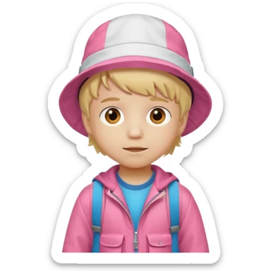 A little boy student white skin, blonde hair, with white bucket hat, orange jacket, pink backpack sticker