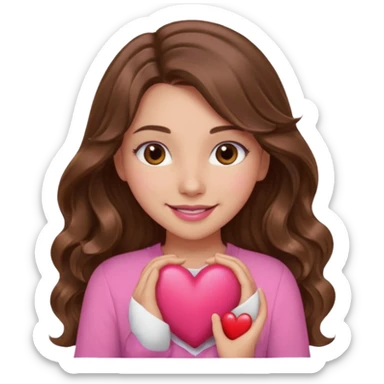 girl with long wavy brown hair, brown eyes, light to medium complexion, in a pink shirt, pink lips, long lashes, smiling, hugging a heart sticker